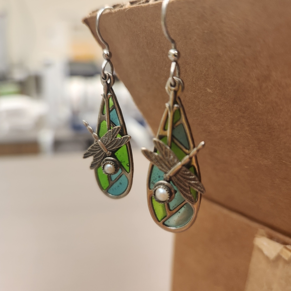 Silver and stained glass dragonfly earrings
